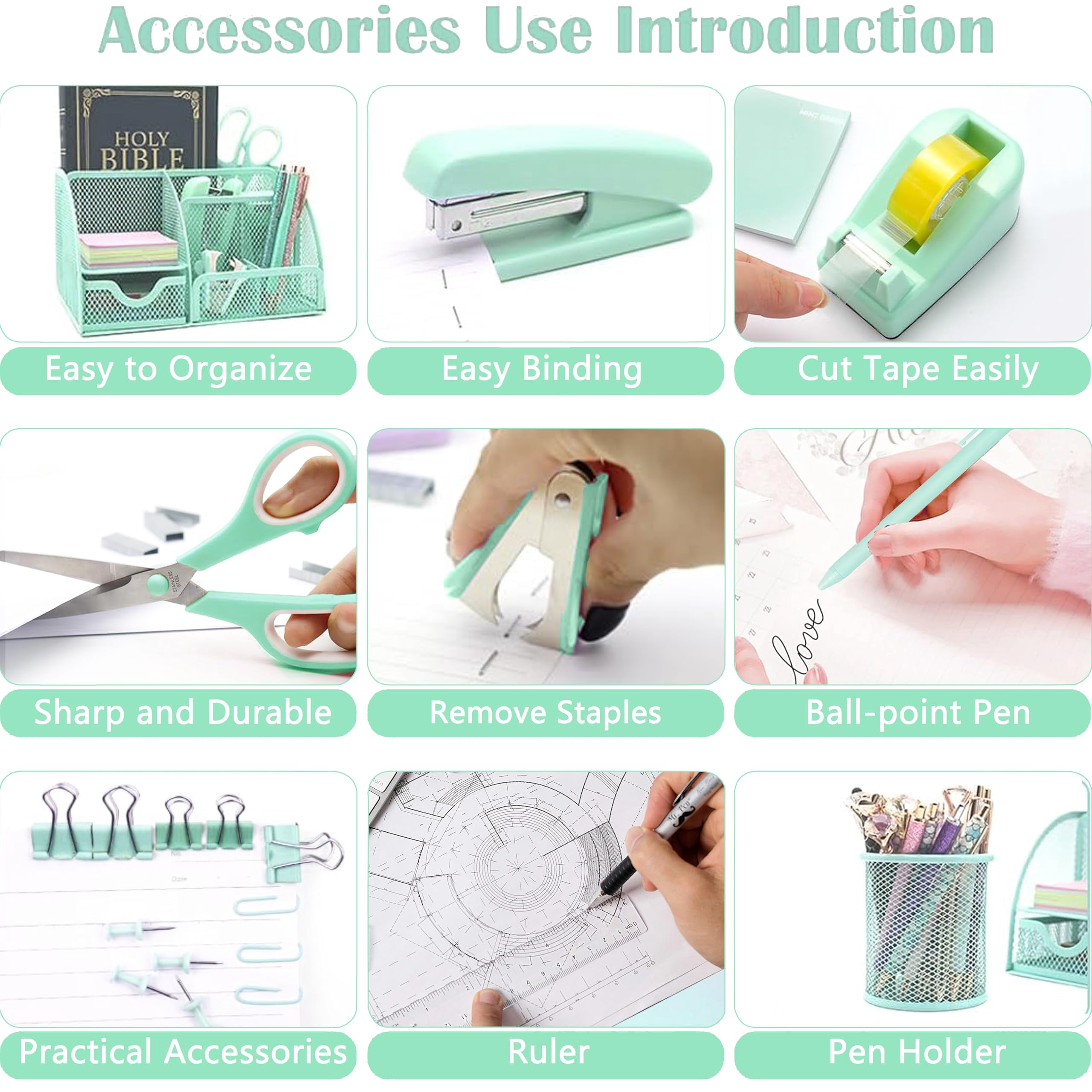 Green Office Desk Accessories Supplies  12pcs Organizers And With Tape Dispenser Stapler Staples Staple Remover Pen Holder Scissor Ruler Sticky Tabs Ballpoint Clips Set