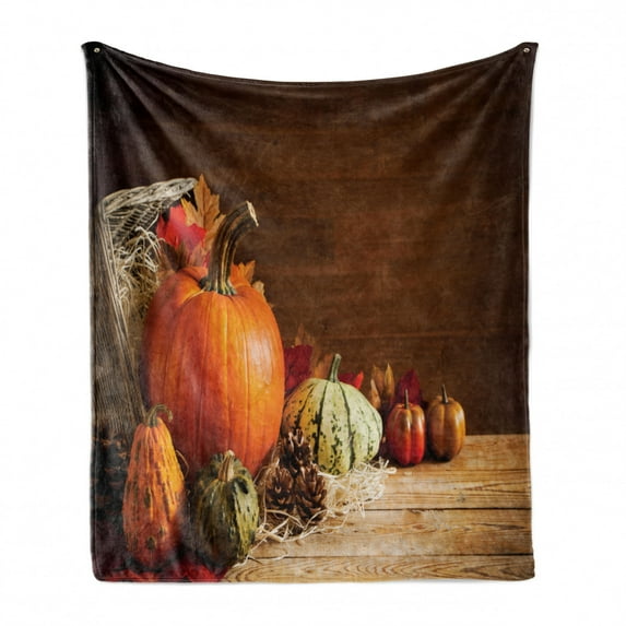 Autumn Pumpkin Soft Flannel Fleece Throw Blanket, Rustic Fall Still Life Photo with Fruits Pine Cones and Leaves in Basket, Cozy Plush for Indoor and Outdoor Use, 50" x 60", Multicolor, by Ambesonne