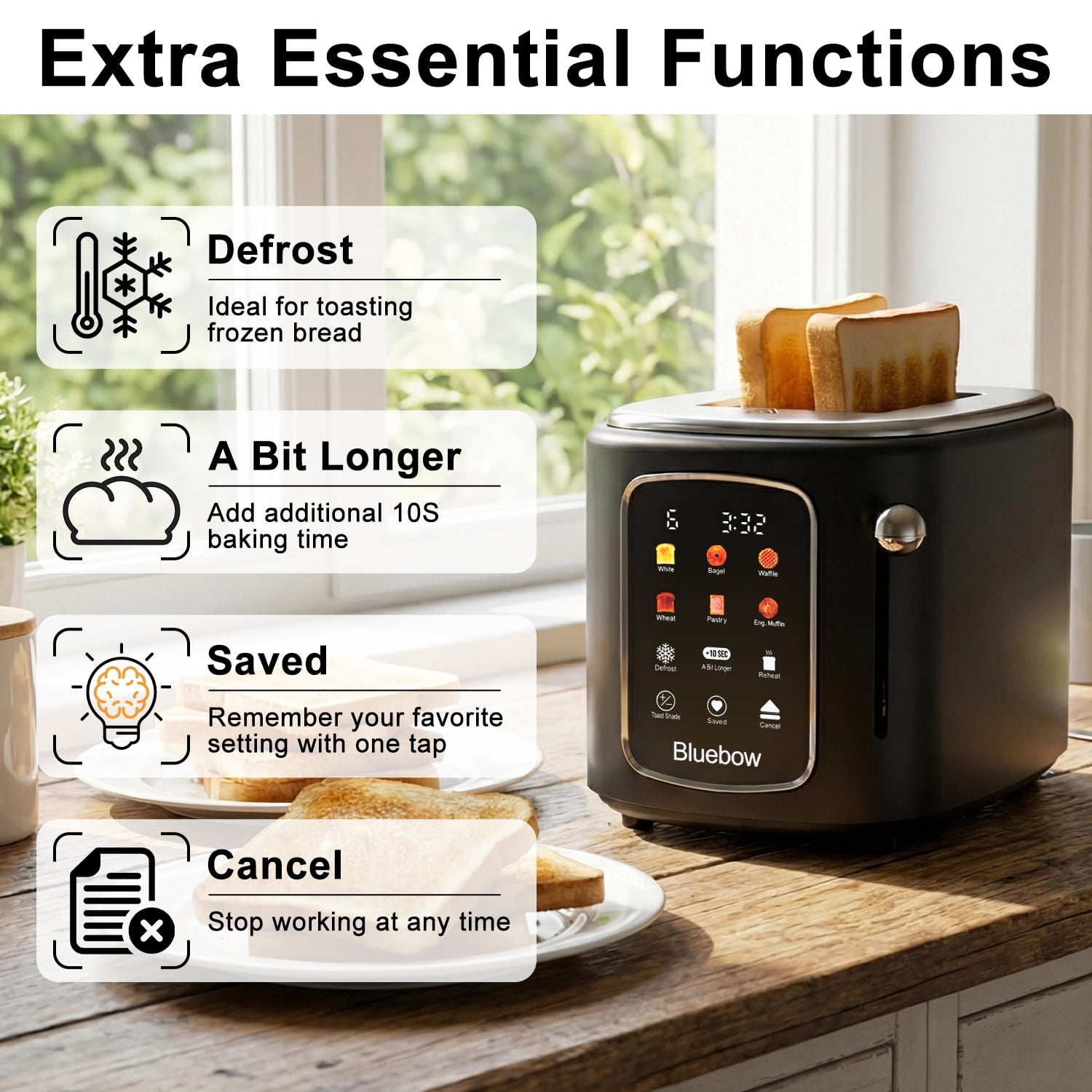 Bluebow 2-Slice Toaster, 1.5" Wide Slots, Touchscreen with 6 Bread Types & Shade Settings, Reheat, Defrost, Saved, Removable Tray, Black