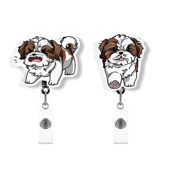 WIRESTER Set 2pcs Design Acrylic Key Card Holder Belt Clip Reel Id Badge Retractable - Shih Tzu Funny Playful Postures