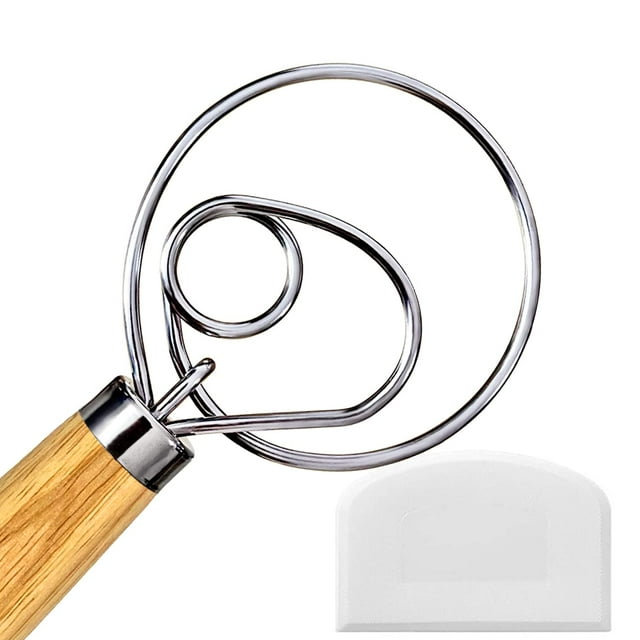 Batidor de masa danés Batidor de pan estilo holandés para cocinar masa madre Cocina con batidor de masa danesa de acero inoxidable Mezclador de pan 13 "" y raspador de masa