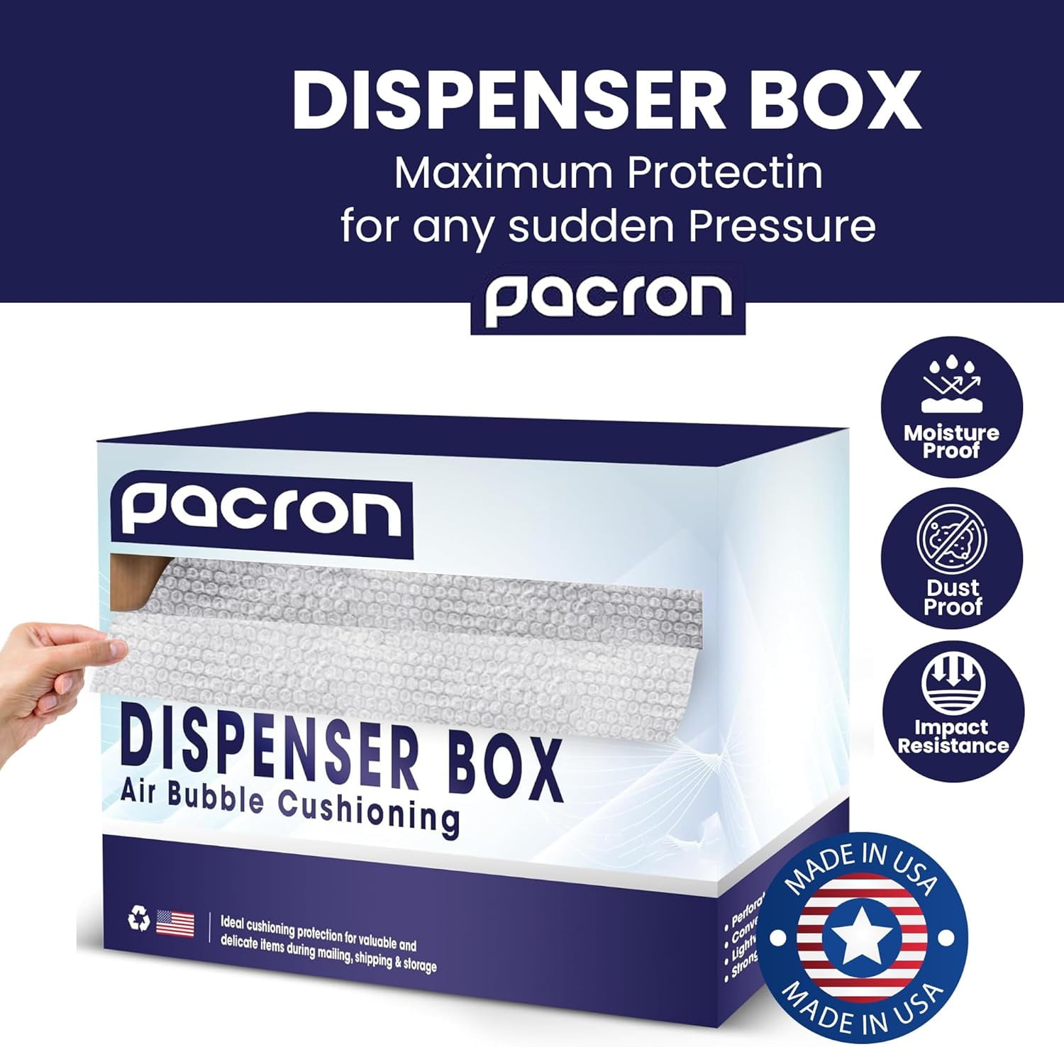 Pacron Protective Bubble Wrap Roll with Dispenser 100FTx12IN - 5/16 Medium - 12IN Perforated, Durable Plastic Wrap for Moving, Shipping & Storage