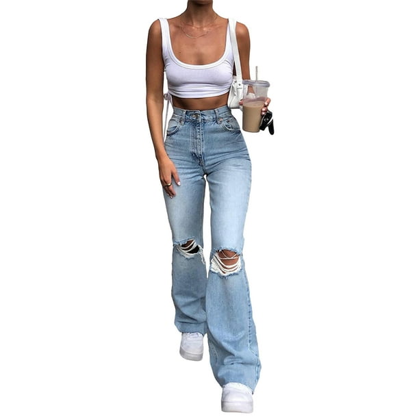 Sexy Dance Women Fitted Ripped Bell Bottom Jeans Ripped Destroyed Denim  Pants Ladies High-Rise Flare Jeans Fashion Trendy Jeans