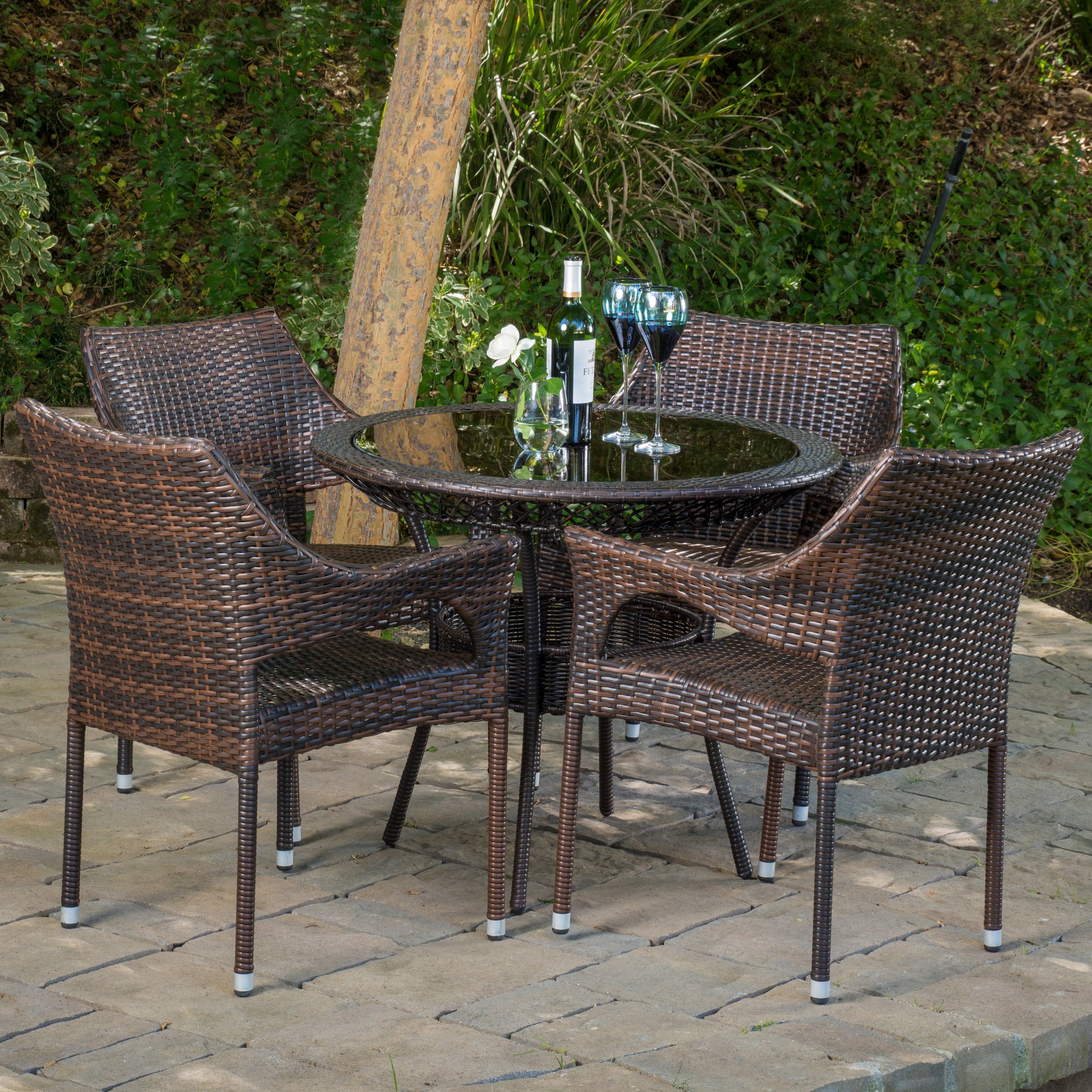 Parks 5-Piece Outdoor Round Glass Top Wicker Dining Set, Multi-Brown