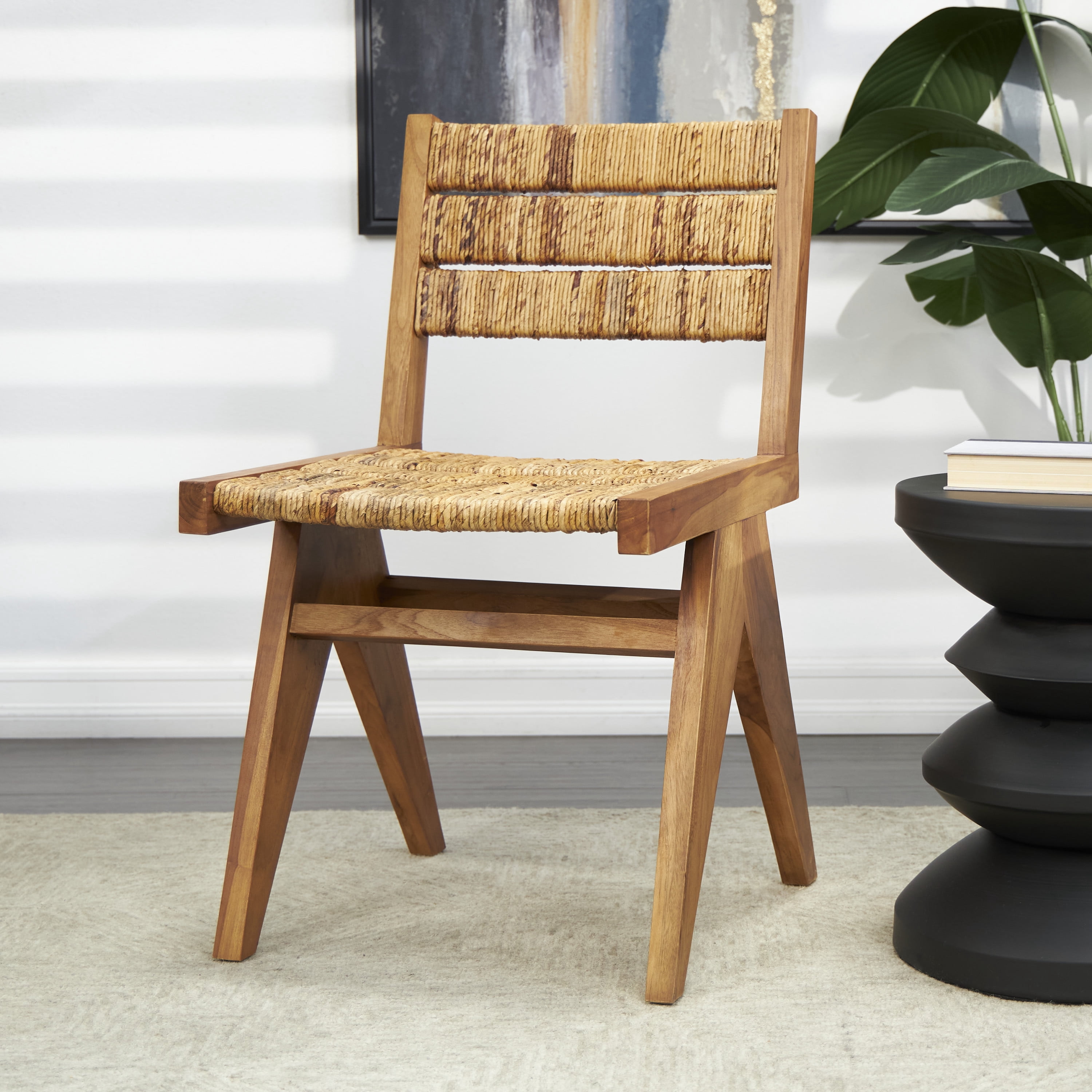 DecMode Teak Wood Handmade Mid-Century Lounge Chair with Wrapped Banana Leaf Seat, Light Brown, Set of 2
