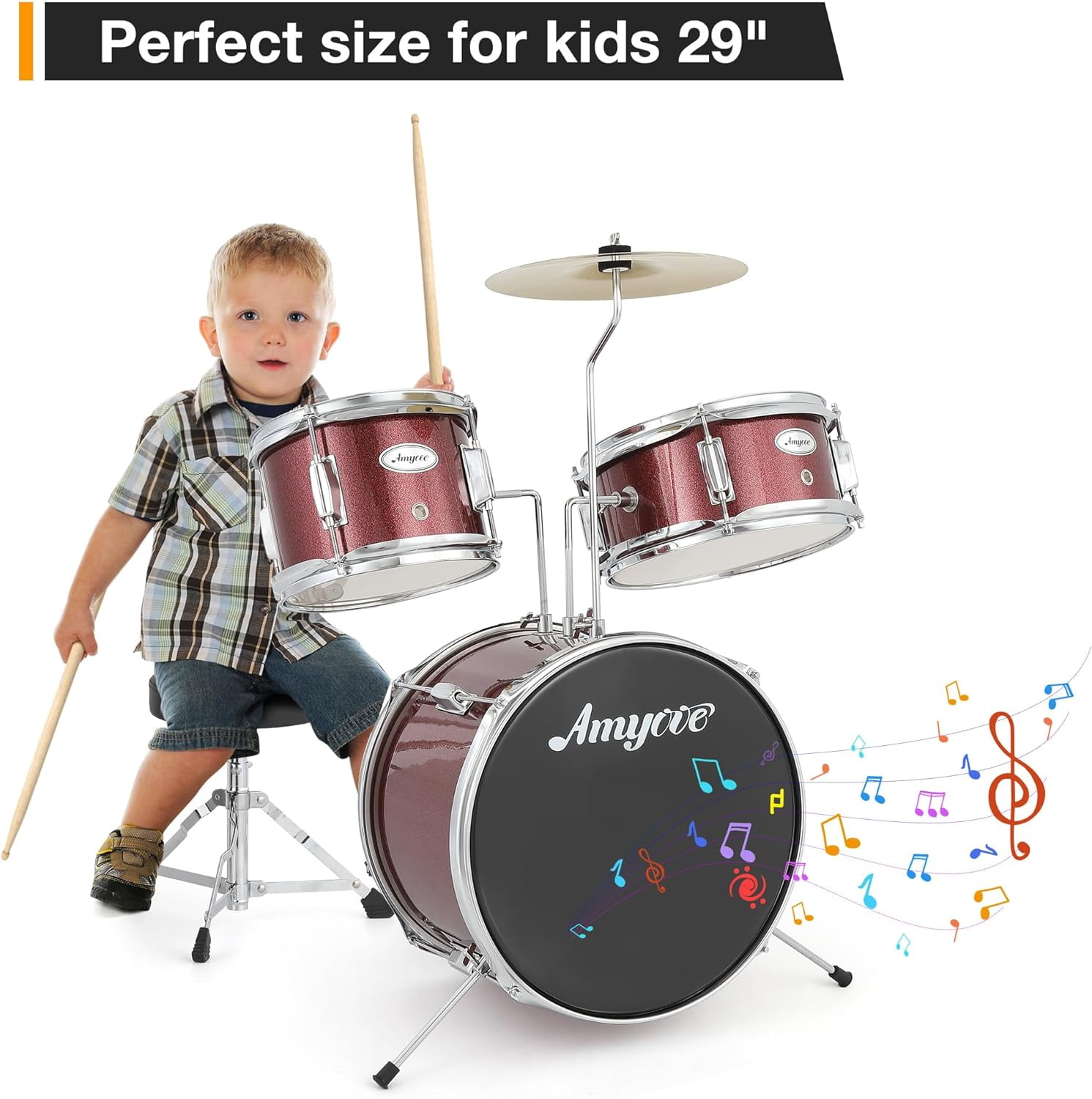 3 Piece Kids Drum Set With Cymbal-2 Drumsticks-Pedal-2 Toms-Throne Stool-Musical Instruments For Boys And Girls,Red