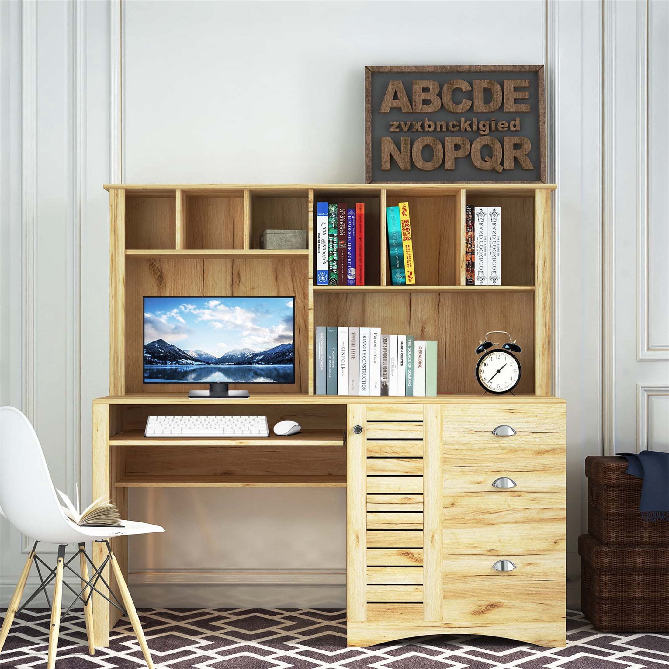 Aukfa 59" Computer Desk with Hutch for Home Office, 3 Drawers, Keyboard Tray, Oak Color
