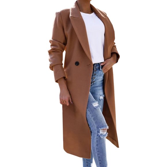 Baberdicy Woolen Coat Women's Faux Wool Coat Blouse Thin Coat Trench Long Jacket Ladies Slim Long Belt Elegant Overcoat Outwear Wool Coats for Women Khaki