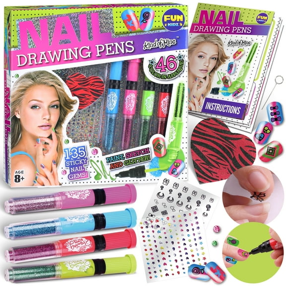 Kids Nail Polish Set for Girls, FunKidz Nail Art Kit for Kids with 3 in 1 Nail Polish Pens Glitter Sticky Decoration Accessories Combo Kit