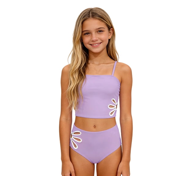 Summer Swimwear,Girls Swimsuit Adjustable Straps Cut Out Swimwear 2 Piece Solid Color Tankini for Girls Bathing Suit