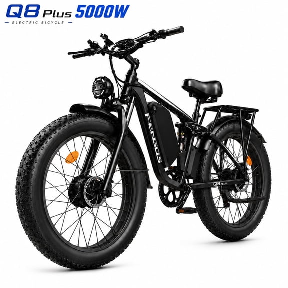 FENGQS Q8PLUS Electric Bike 5000W Dual Motor for Adults, 26"x4" Fat Tire, 52V/23Ah Battery, 45mph Top 80-100 Miles Range, Full Suspension, UL 2849 (Black)