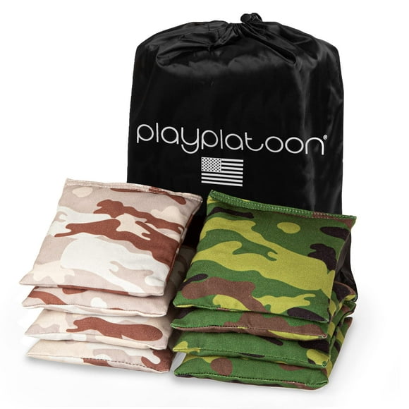 Play Platoon Weather Resistant Cornhole Bags - Set of 8 Regulation Corn Hole Bean Bags - Green Camo & Desert Camo - Durable Duck Cloth Corn Hole Bags for Tossing Game, Includes Tote Bag