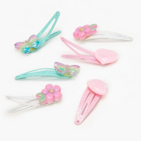 Claire's Hair Glitter Clips in Aqua Green, Soft Pink, and White Colors with Butterflies, Flowers and Hearts Details, Girl Hair Accessories- Pieces