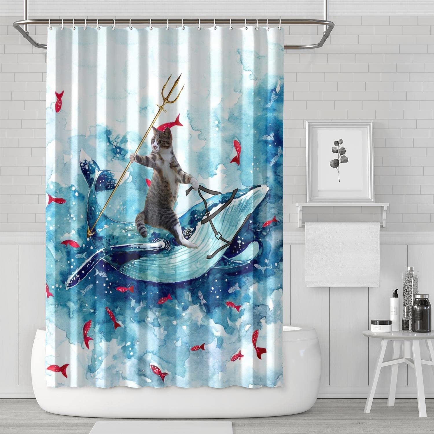 IORTY RTTY Cat Riding Whale Shower Curtain for Bathroom Waterproof 72X72 Inches Kid Funny Shower