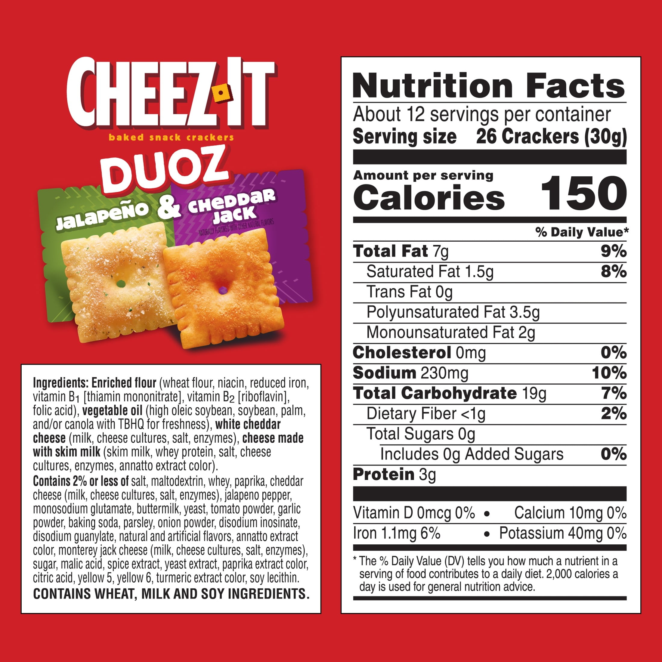 (12 pack) Cheez-It DUOZ Jalapeño and Cheddar Jack Baked Snack Crackers, Lunch Snacks, 12.4 oz