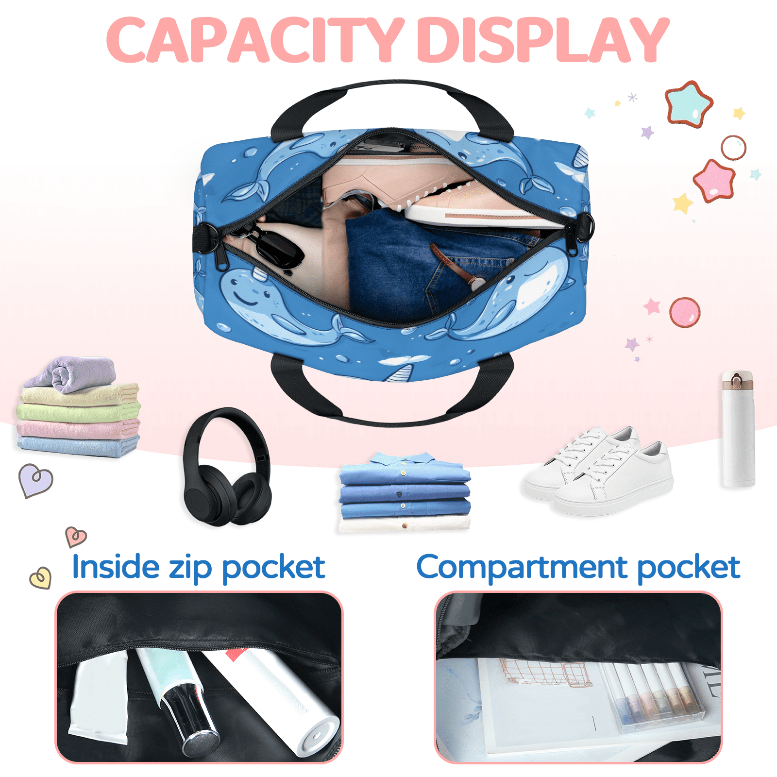 Herdesigns Funny Whale Gym Bag for Women, Duffle Bag for Travel Sport, Sea Animal Lightweight Waterproof Carry on Weekender Dance Yoga Workout Bags