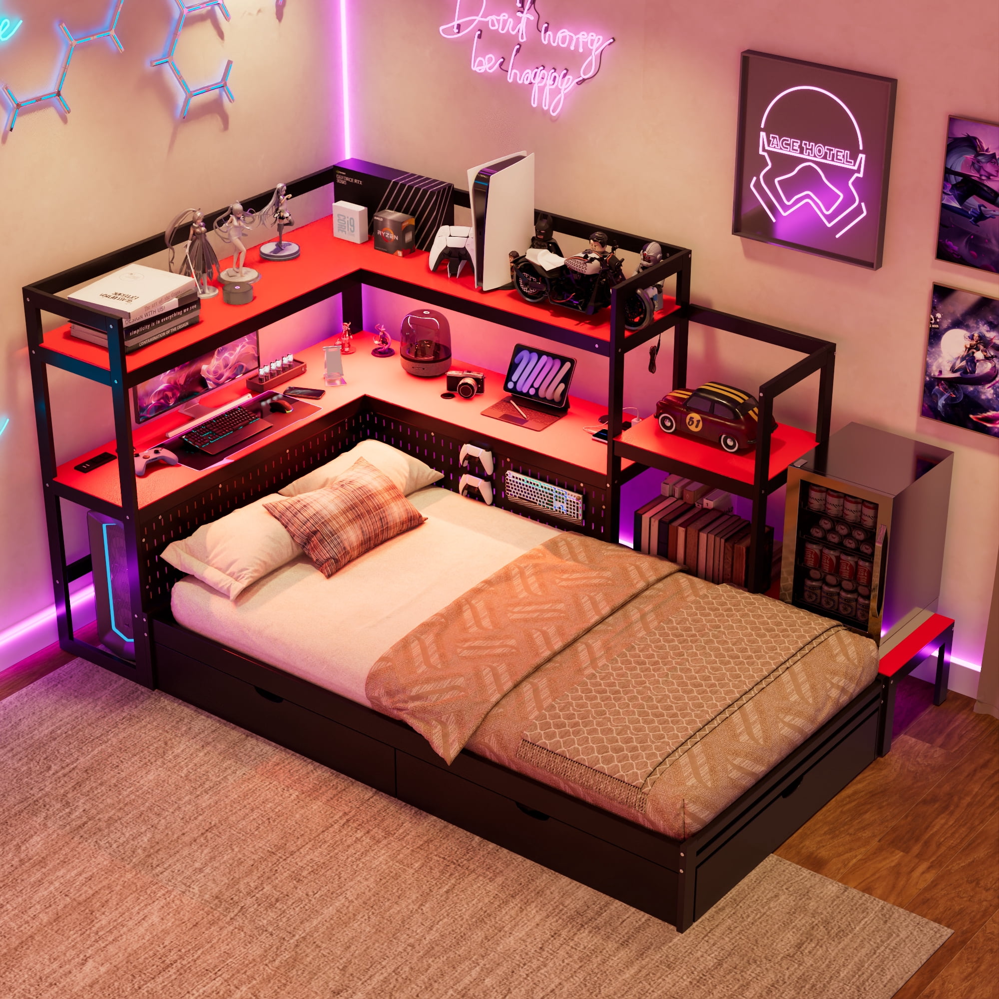 Mintazer Twin LED Gaming Daybed Storage Platform Bed with Charging Station & Integrated Desk Bookshelves and 3 Drawers for Kids Teens, Black+Red