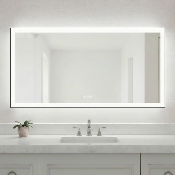 Resenkose 72x36 Inch Wall-to-Wall Rectangle LED Bathroom Mirror with Black Frame - Black