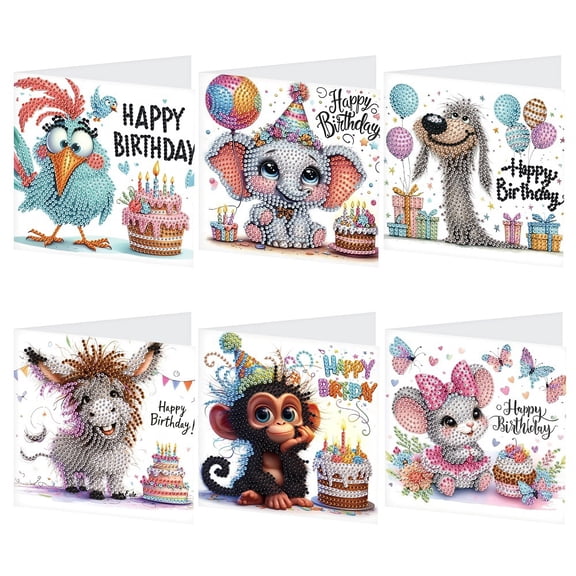 6pcs Diamond Painting Kit Greeting Card, Elephant Monkey Goat 5D DIY Diamond Handmade Holiday Greeting Card with Envelope, Christmas Gift Congratulation