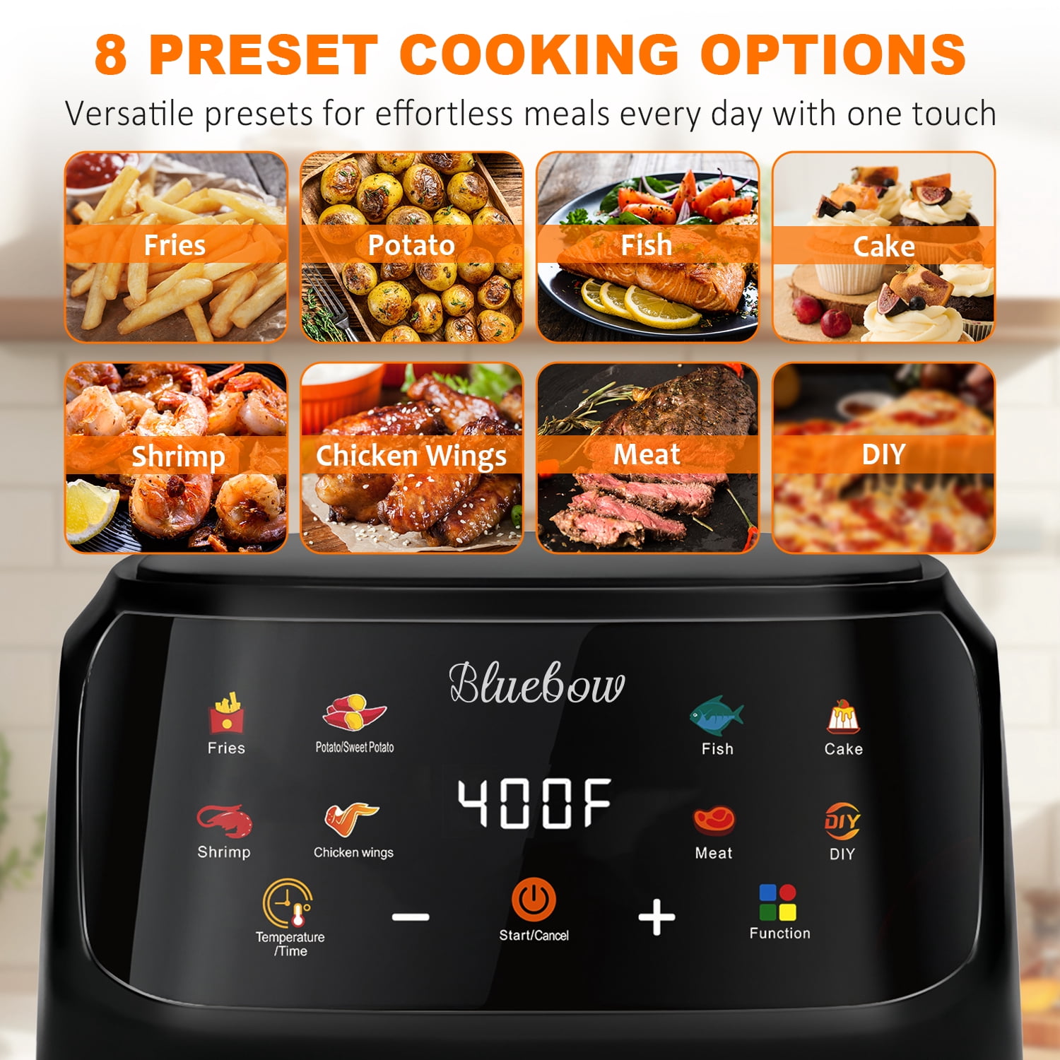 Bluebow Air Fryer, 7.5 Quart Large Capacity, 8-in-1 Multifunctional Cooker with Digital Touchscreen, Easy-View Window, Non-Stick Basket, Black
