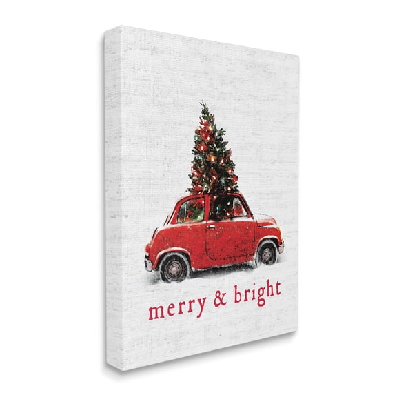 Stupell Industries Merry and Bright Quote Vintage Red Christmas Car Holiday Painting Gallery Wrapped Canvas Art Print Wall Art, 16 x 20