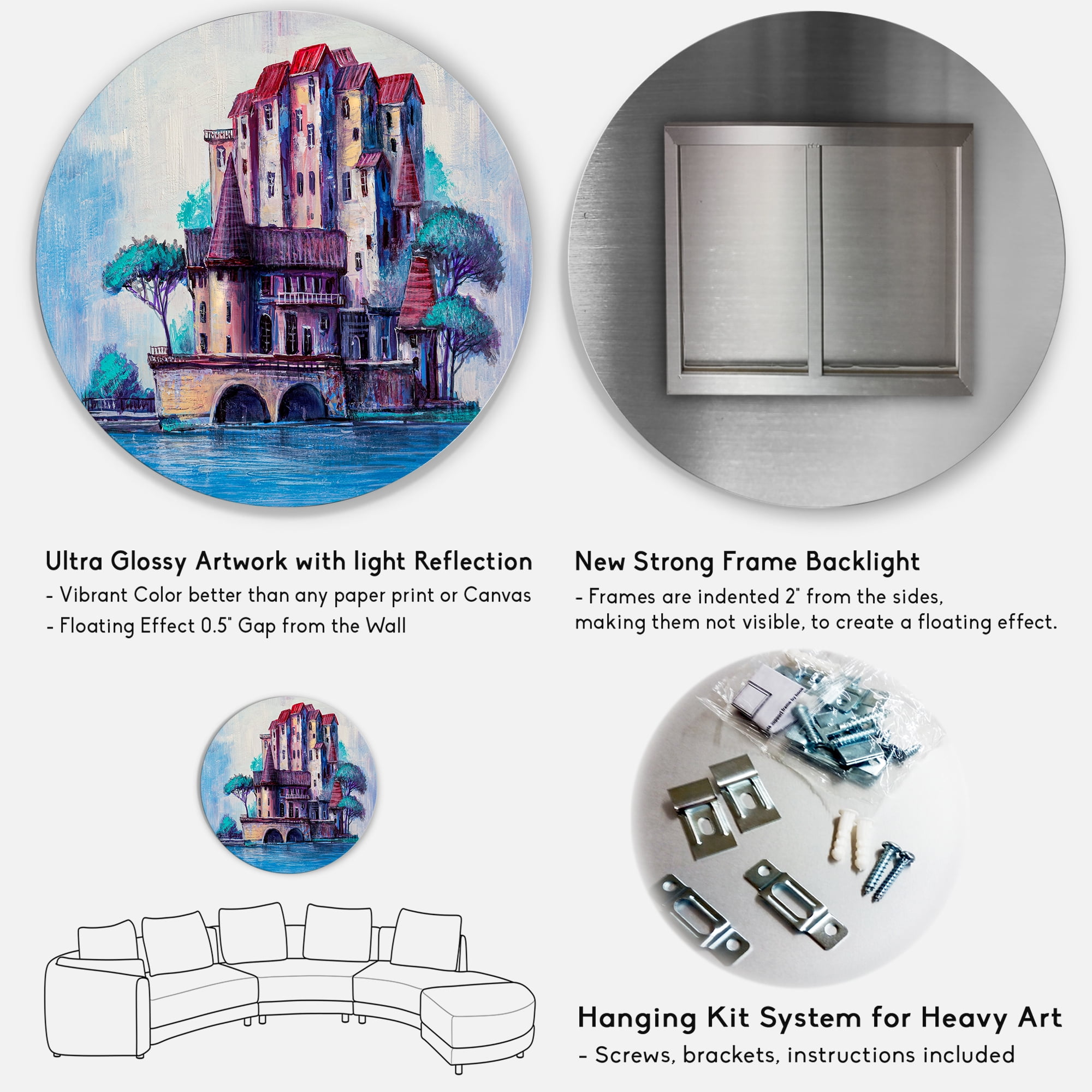 Designart 'Ancient City Skypscrapers By The Bridge' Traditional Circle Metal Wall Art 29x29 - Disc of 29
