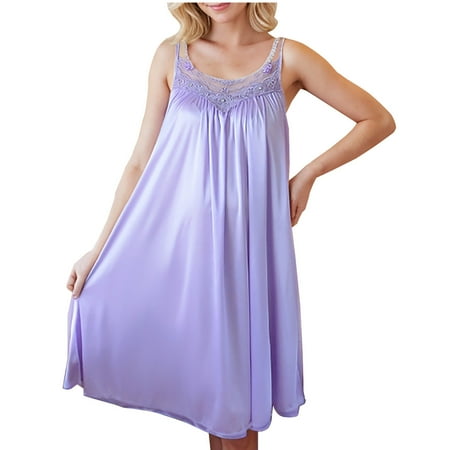FAIWAD Women s Satin Nightgown Lace Embroidery Loose Sleeveless Flowy Pajamas Dress Summer Knee-Length Babydoll Sleepwear