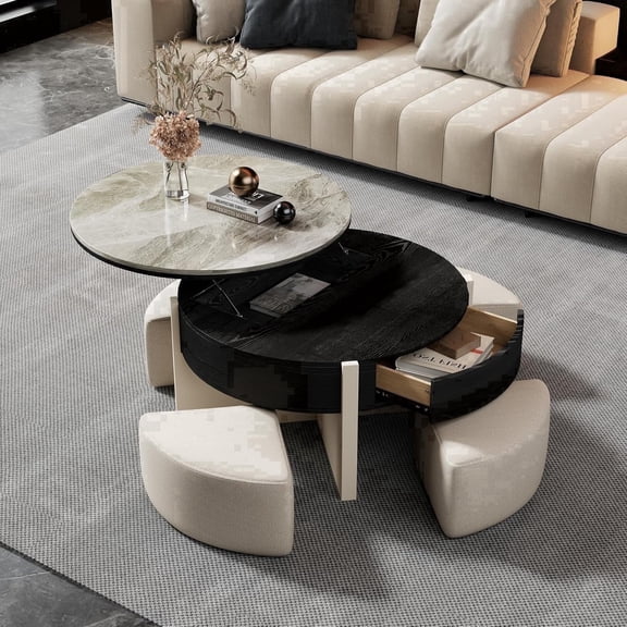 Modern Lift Top Coffee Table for Living Room, 31.5" Round Coffee Table with Storage Drawer, Lift Coffee Table with Stools, Wood Coffee Table with Sintered Stone Top