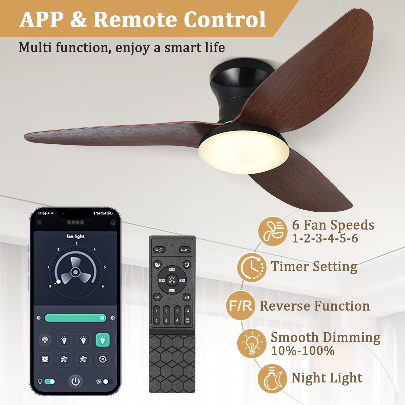 Laybasic 39" Ceiling Fans with Lights and Remote/APP Control, Flush Mount Low Profile Farmhouse LED Ceiling Fan Dimmable 6 Speed Reversible Noiseless for Bedroom, Indoor/Outdoor Use