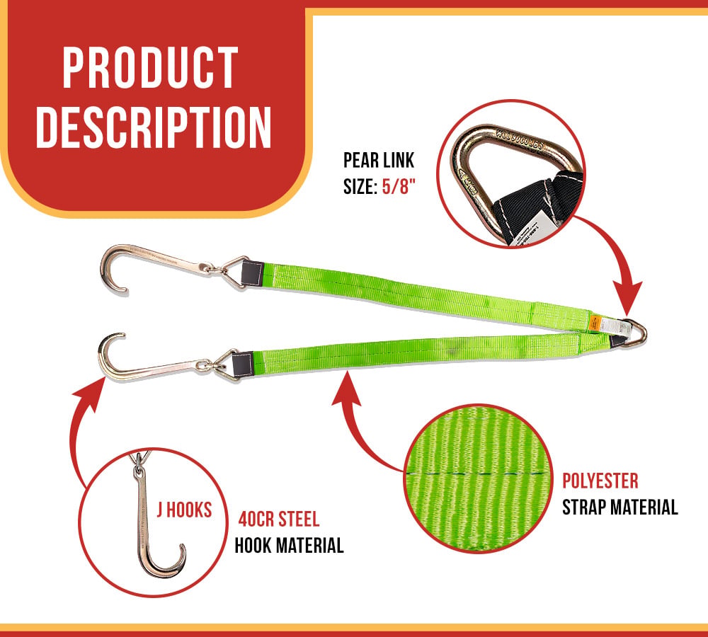 3" x 48" V Bridle Tow Straps w/ 15" J Hook, Hi-Viz Green Polyester Webbing, 5400 lbs WLL, Recovery V Strap w/Reinforced Webbing for Towing, Wrecker, Rollback, Car Hauler