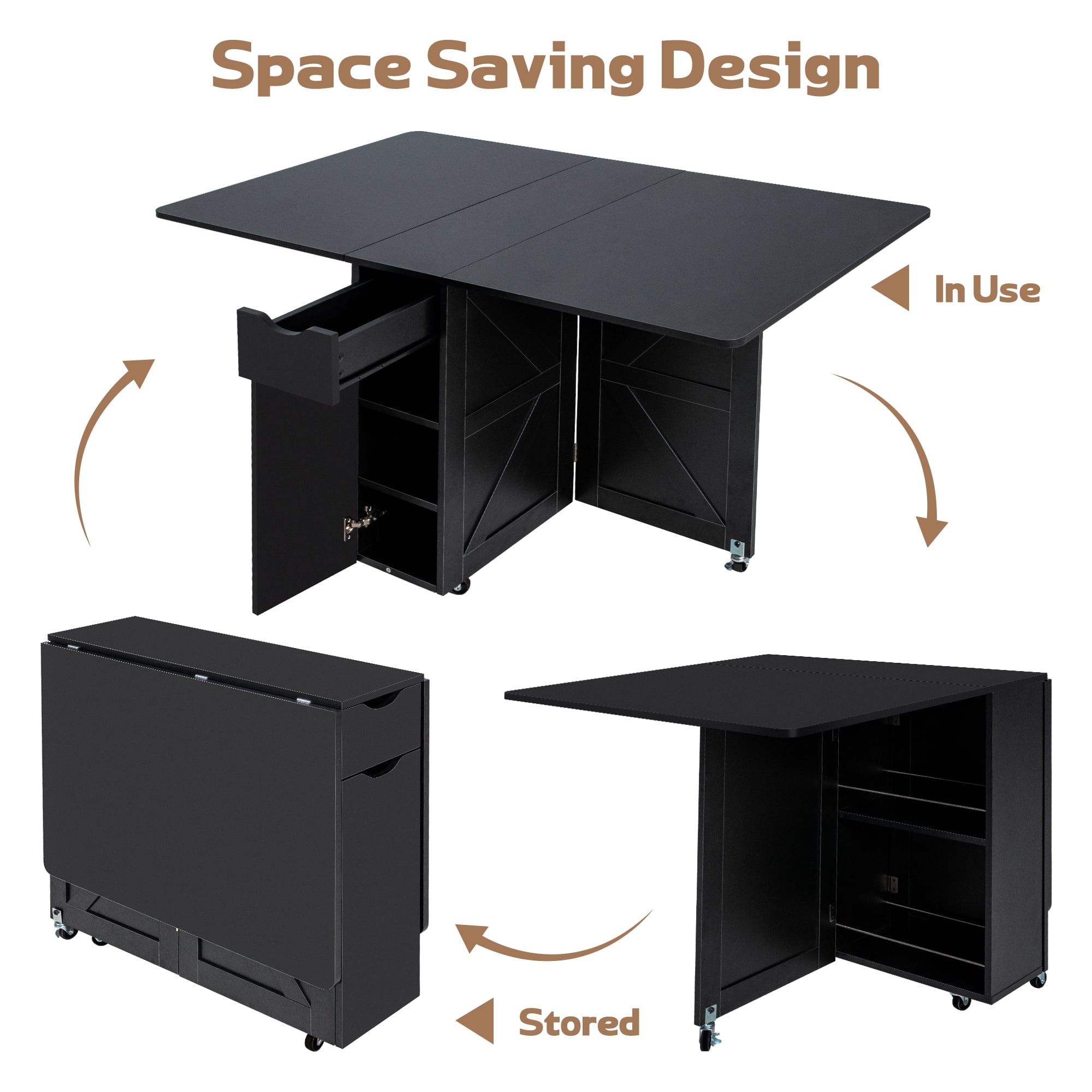 Spanspace Folding Dining Table, Drop Leaf Kitchen Table with Extra Large 53" × 31.5" Tabletop, 6 Wheels & Storage Shelf, Space Saving for Small Spaces, Black