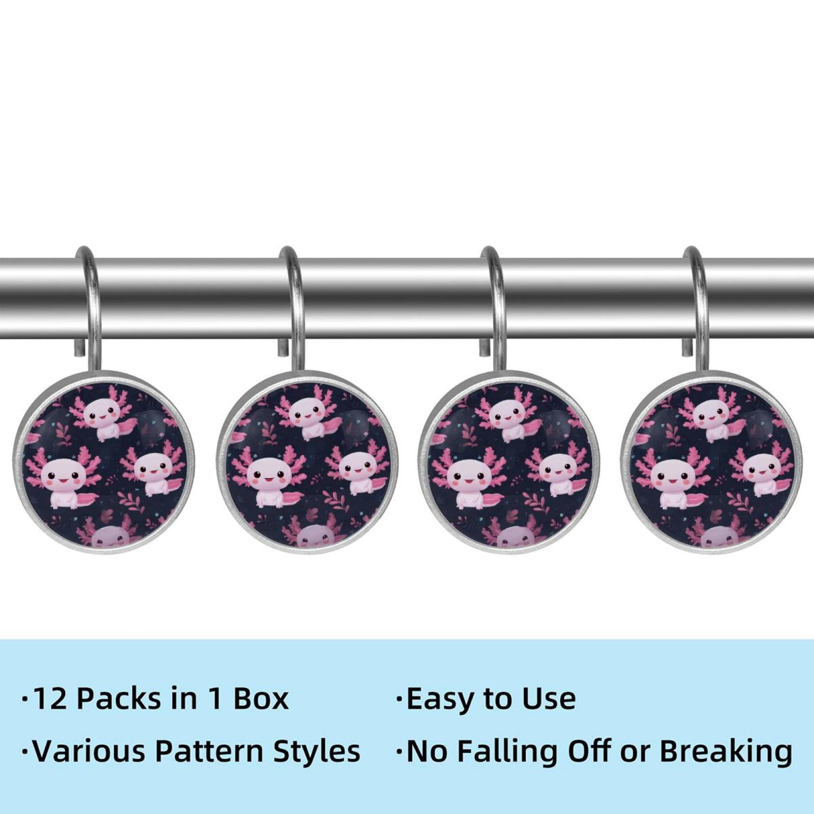 12pcs Decorative Shower Curtain Hooks, Rust Resistant Shower Rings for Bathroom Living Room,Rustproof Stainless Steel Rings for Shower Curtain and Liner Rods,Axolotl Black