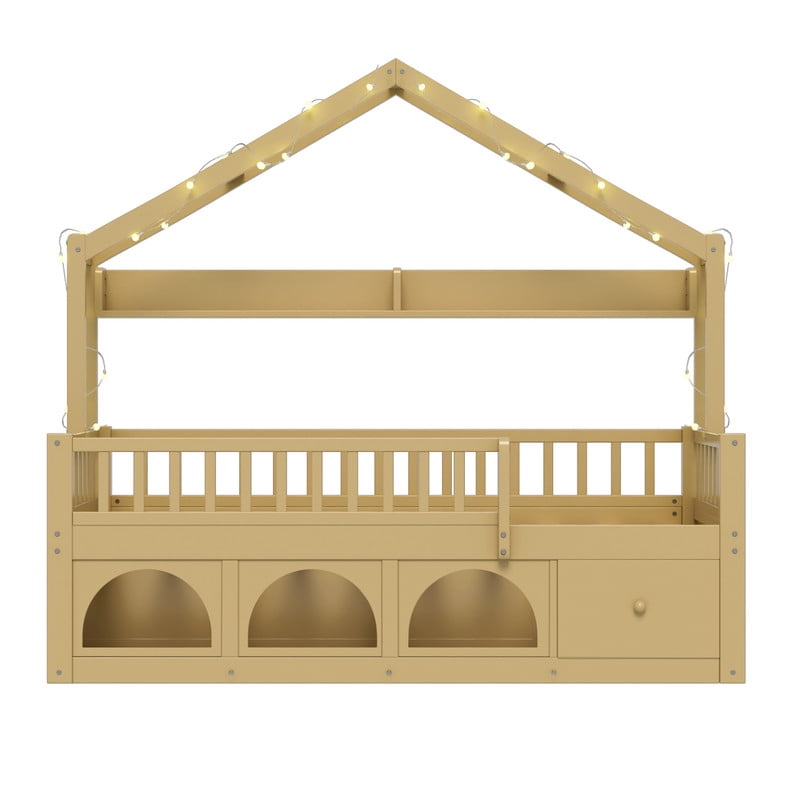 Twin Size Kids Montessori Floor Bed Frame with Guardrail & Drawer, Children House Platform Bed with LED Light & Small Cat Bed