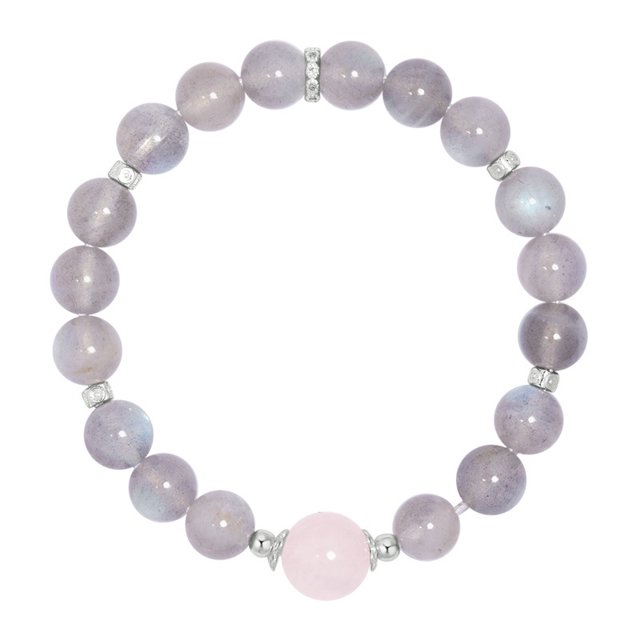 Pulsera de piedra lunar y cuarzo rosa para mujer en plata de ley