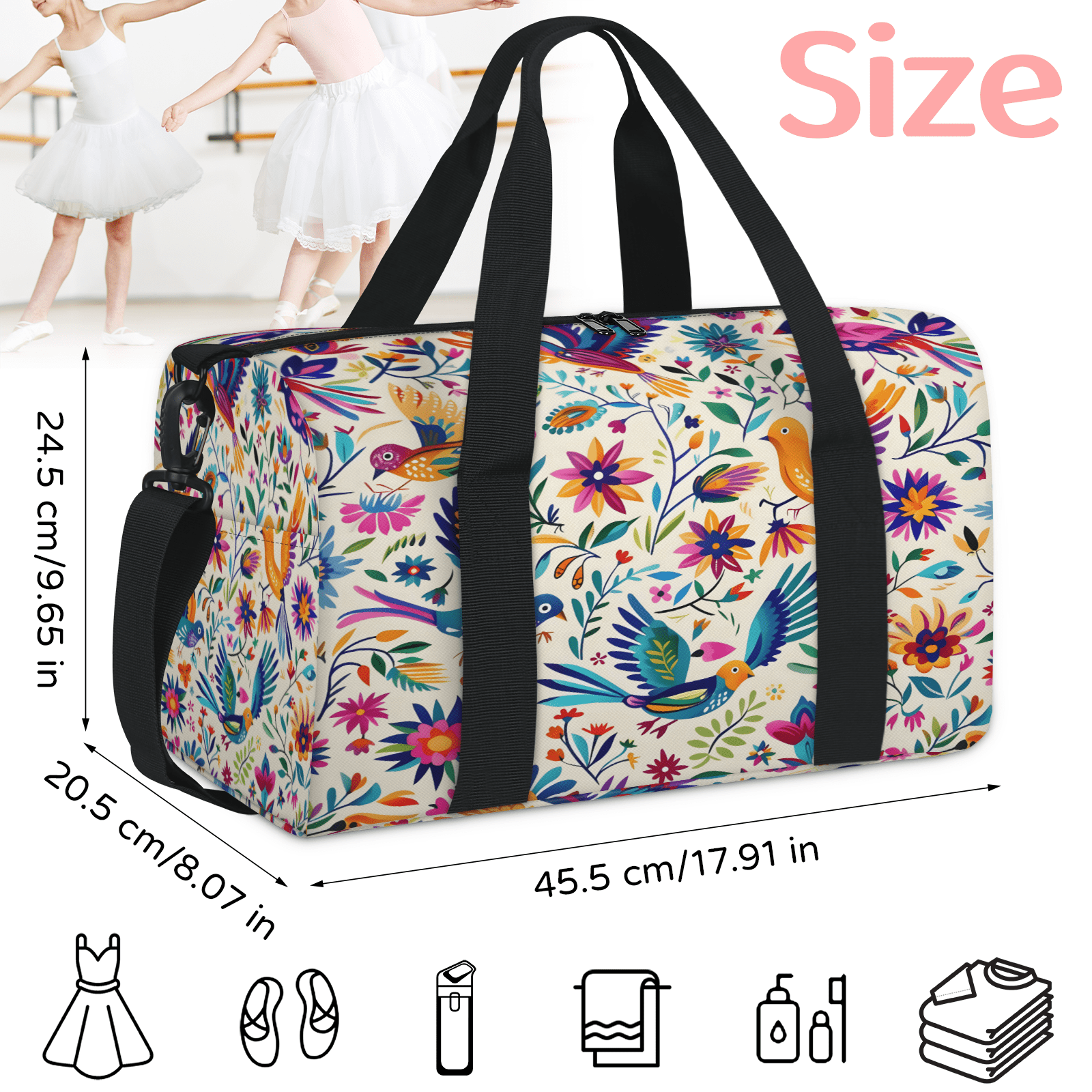 Herdesigns Mexica Mexico Floral Bird Gym Bag for Women, Duffle Bag for Travel Sport, Lightweight Waterproof Carry on Weekender Overnight Dance Yoga Workout Bags
