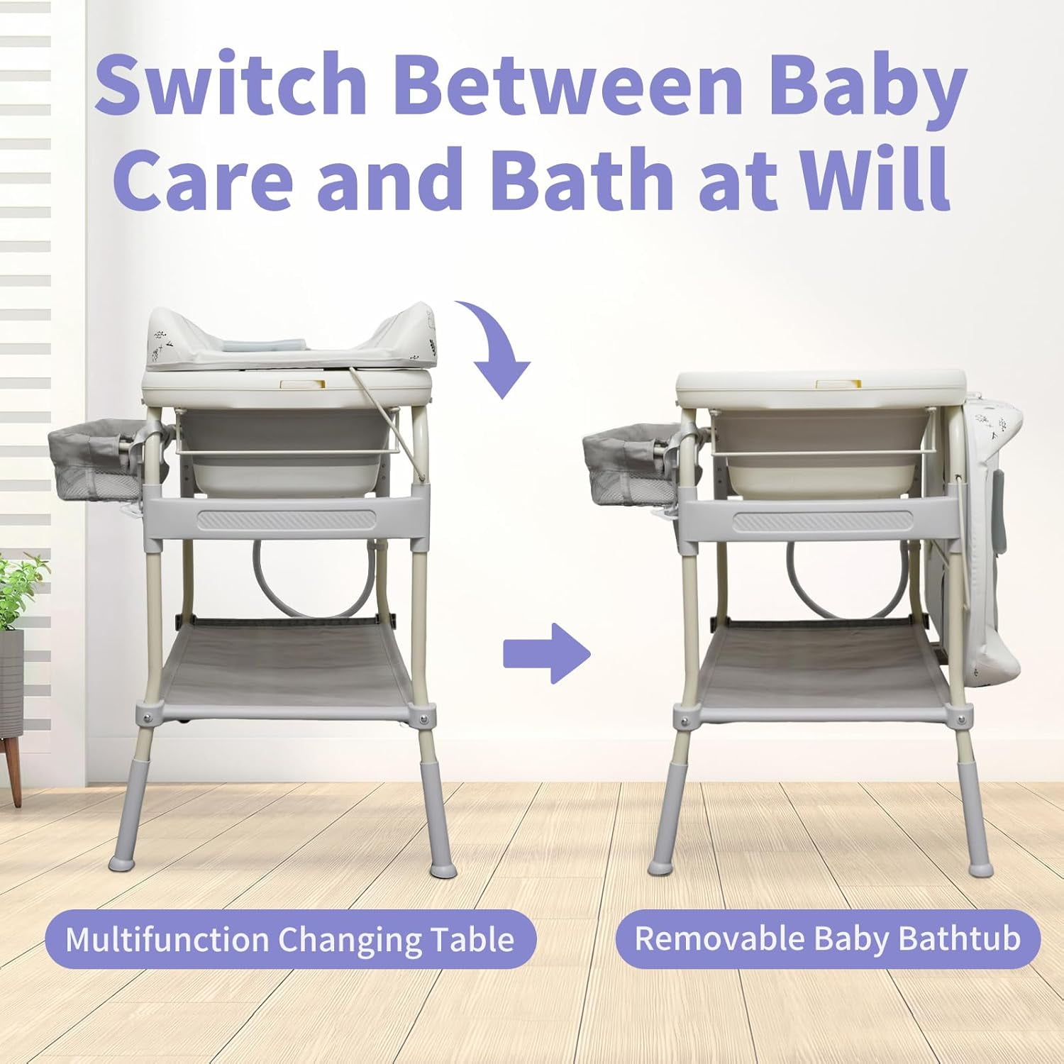 2-in-1 Baby Changing Table with Bathtub, Akaber Newborn Foldable Portable Diaper Station, Adjustable Height with Wheels, Waterproof Pad, Storage Rack