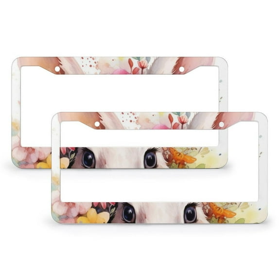 2 PCS Watercolor Floral Bunny Rabbit License Plate Frame Floral Bunny Personalized License Plate Frame Aluminum 2 Round Holes for Women Men US Vehicles Standard