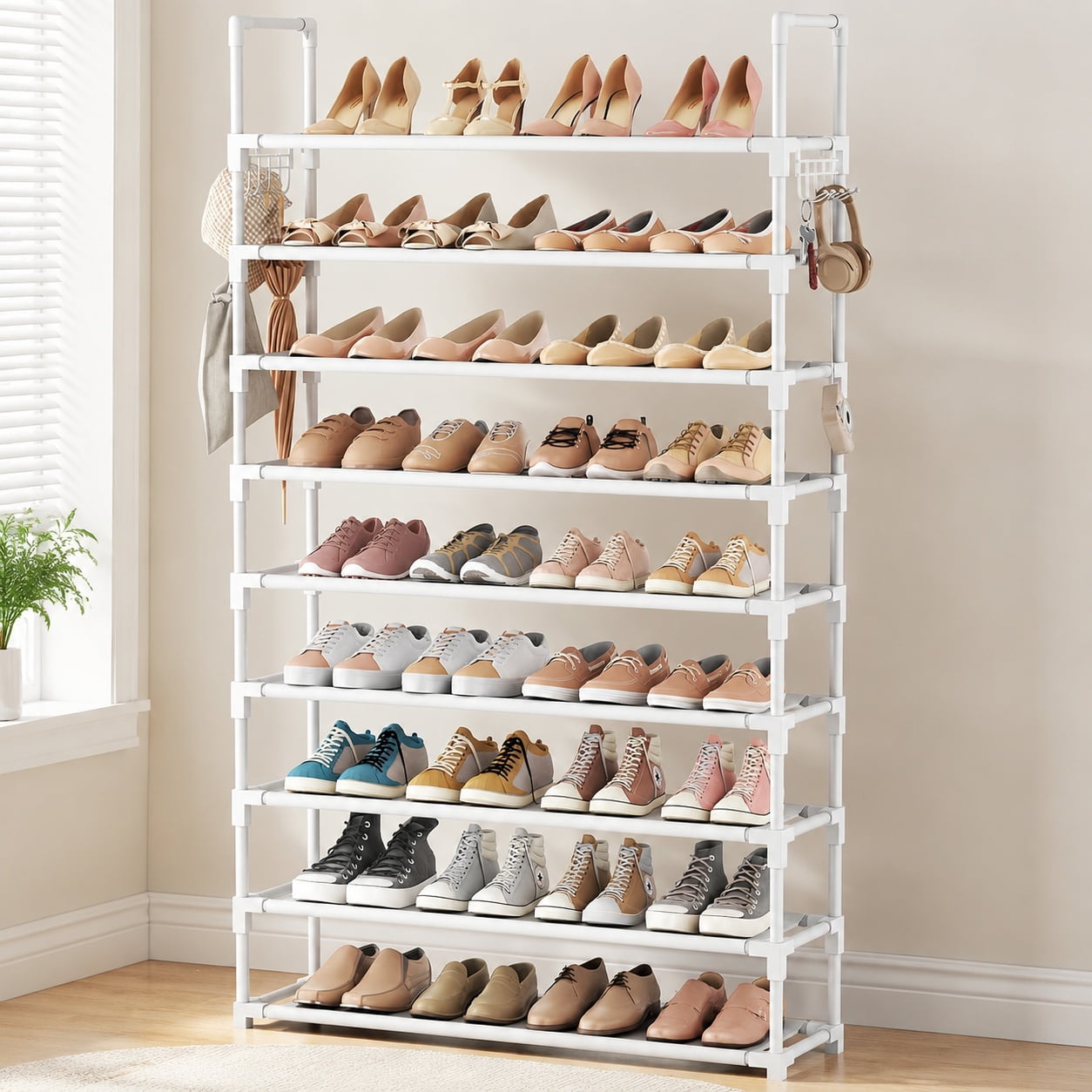 10 Tiers Tall Large Capacity Wide Shoe Rack with Two Hooks Sturdy Metal Shoe Organizer for Entryway Closet Bedroom White