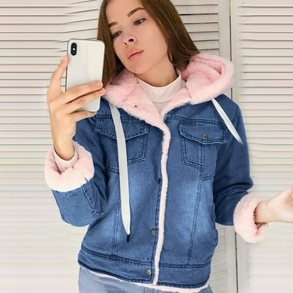 Women Casual Long Sleeve Fleece Denim Ladies Jacket Hooded Hasp Jeans Coat with Plush Lining, in Pink, Size M