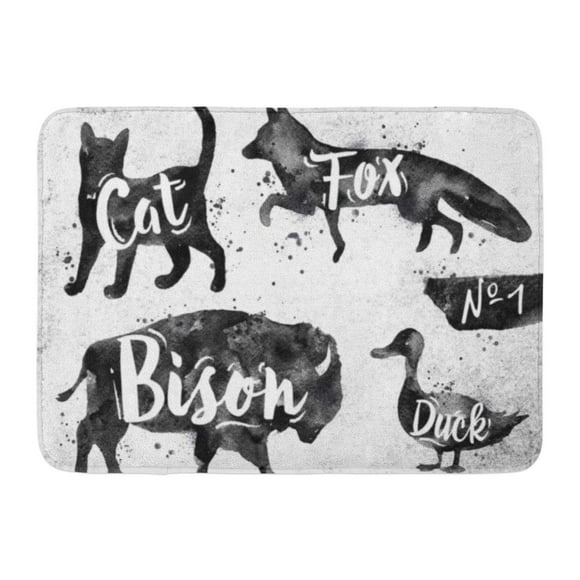 YUSDECOR White Watercolor Silhouettes of Animal Cat Fox Bison Duck Drawing Black Paint on Dirty Colorful Drawn Rug Doormat Bath Mat 23.6x15.7 inch