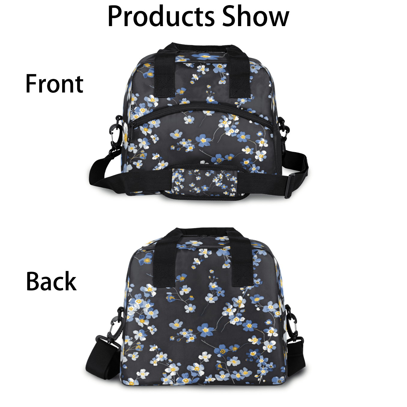Herdesigns Blue Wildflowers Insulated Lunch Bag for Women Men Adults Large Reusable Lunch Box Leakproof Portable Cooler Tote Bags with Adjustable Shoulder Strap