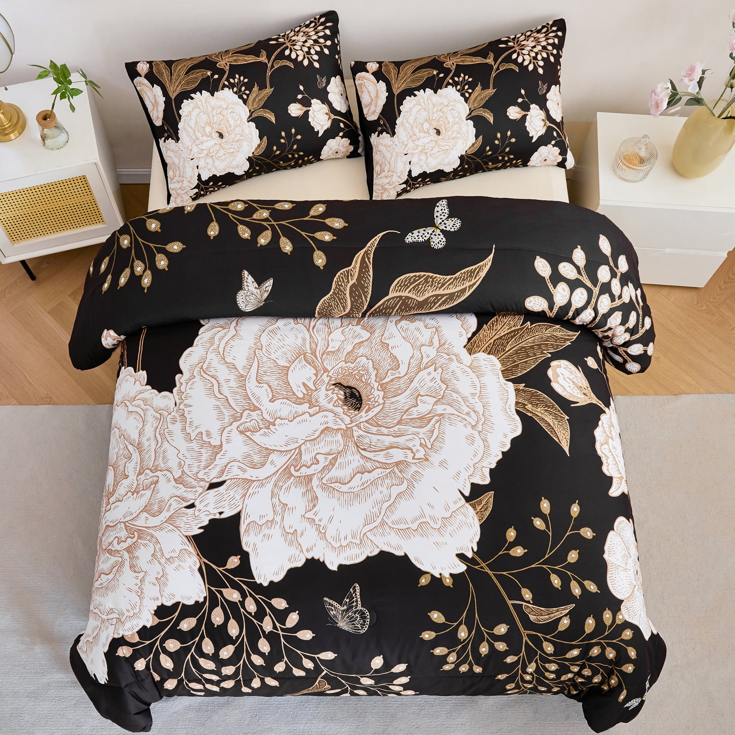 URBONUR Black Floral Full Comforter Set Printed Comforter White Flowers Butterfly Bedding Set 3 Pieces Botanical Farmhouse Comforter with 2 Pillowcases