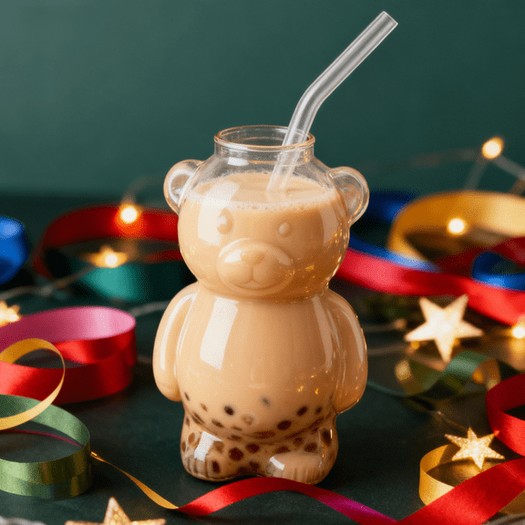 2025 New Bear Glass Cup with Straw,Cute Bear-Shaped Tumbler for Iced Coffee,Cocktails,Wine & Beer,Ideal Holiday Christmas Gift for Family and Friends
