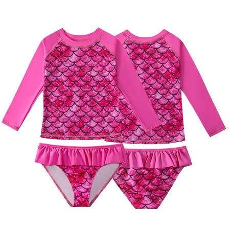 

KYAIGUO 4-9 Years Girls 2-Piece Swimsuit Set for Kids Toddler Long Sleeve Rash Guard Bathing Suit with Upf 50+ Sun Protection Beach Swimwears Rash Guard Set