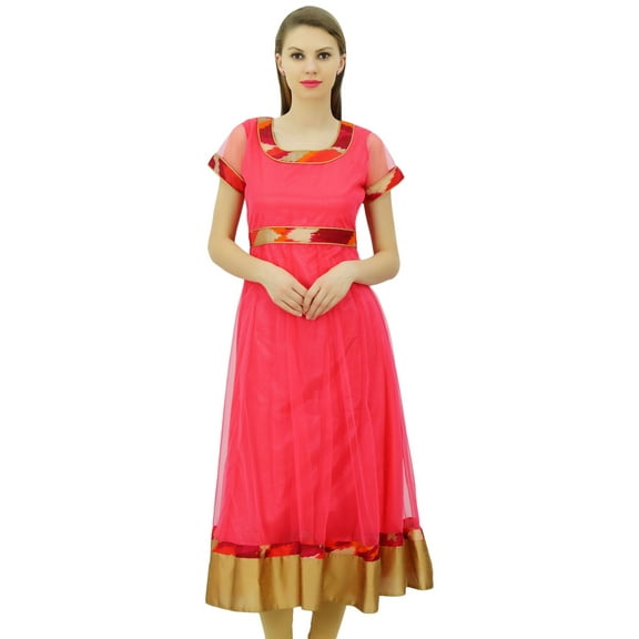 Bimba Women's Flaired Net Anarkali Dress Solid Kurta Kurti Indian Ethnic Long Tunic