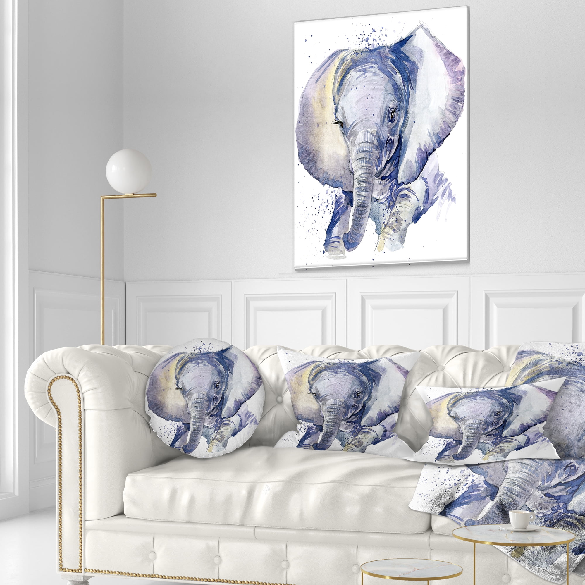 Designart Baby Elephant Blue Watercolor - Abstract Throw Pillow - 12x20