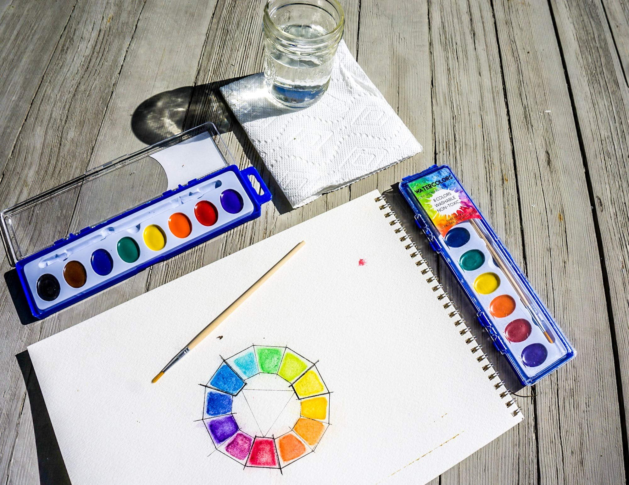 Color Swell 144 Set Bulk Watercolor Paint Pack, 8 Colors, Wood Brushes, Washable