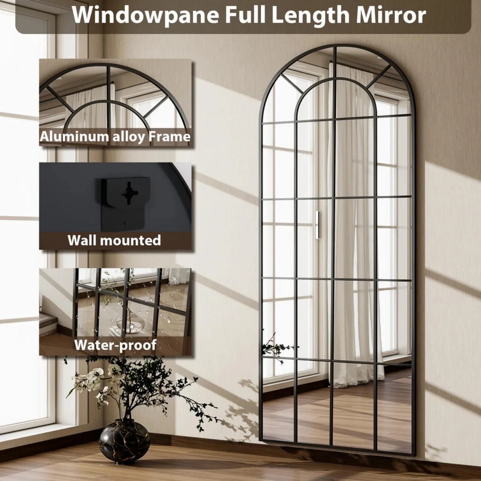 AUROMIR 71"x30" Windowpane Full Length Wall-Mounted Floor Mirror, Black