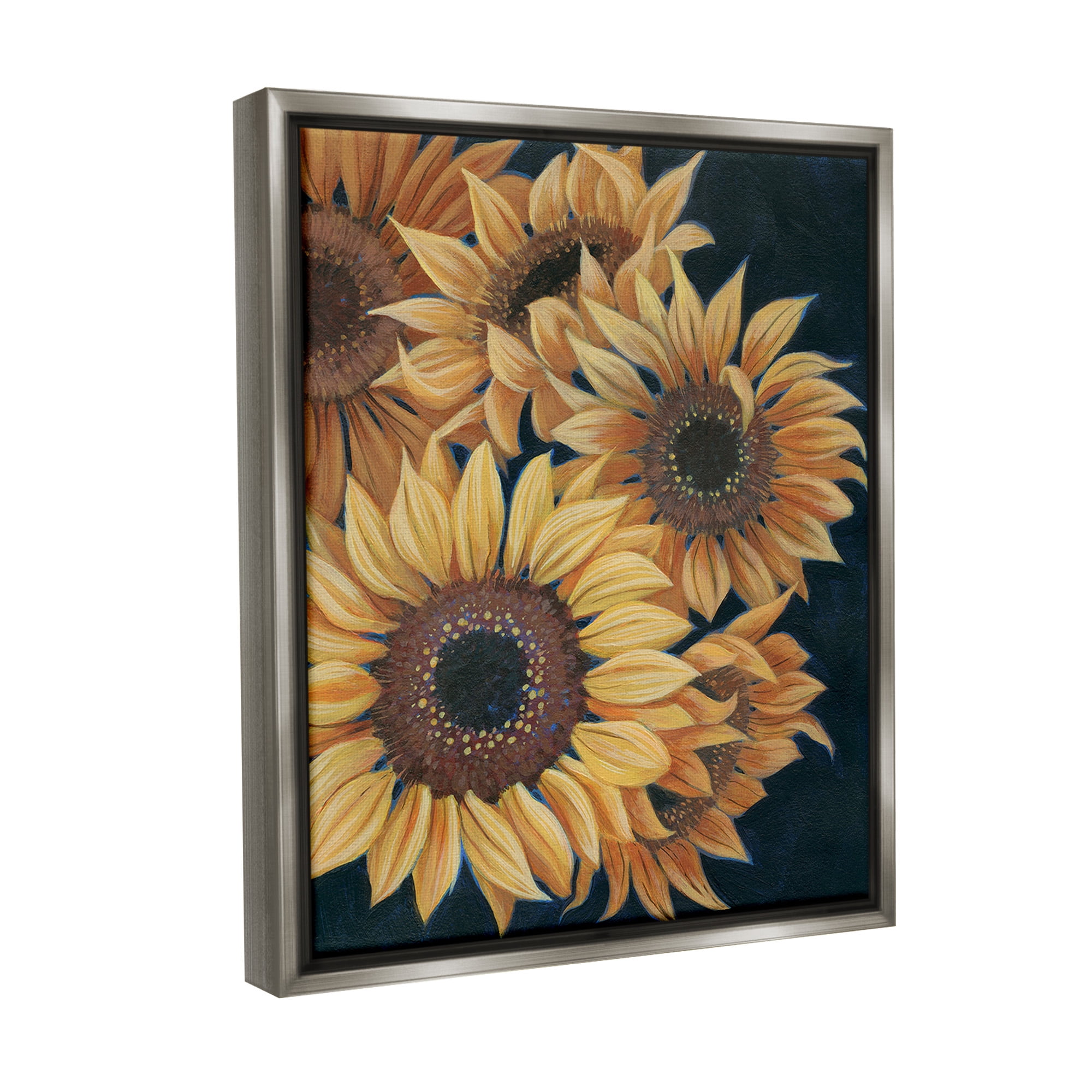 Stupell Industries Detailed Sunflower Blooms Botanical & Floral Painting Gray Floater Framed Canvas Art Print Wall Art, 17 x 21