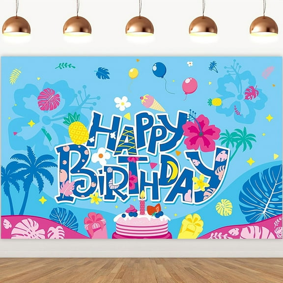 Hawaiian Backdrop Happy Birthday Banner, Cartoon Themed Banner Birthday Decorations Photography Background Photo Backdrop for Luau Tropical Beach Birthday Baby Shower Party Supplies